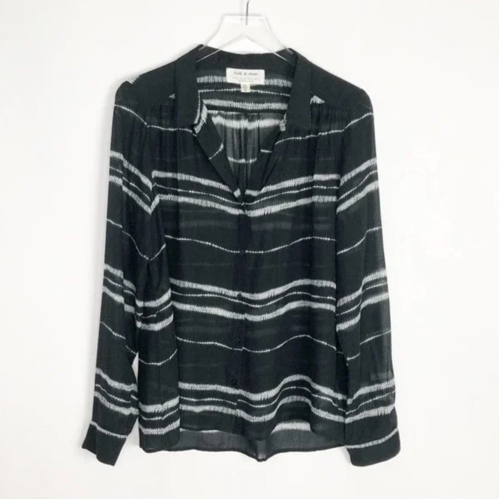 Anthropologie Cloth & Stone Blouse Shirt Tie Due Stripe Black White Button Front